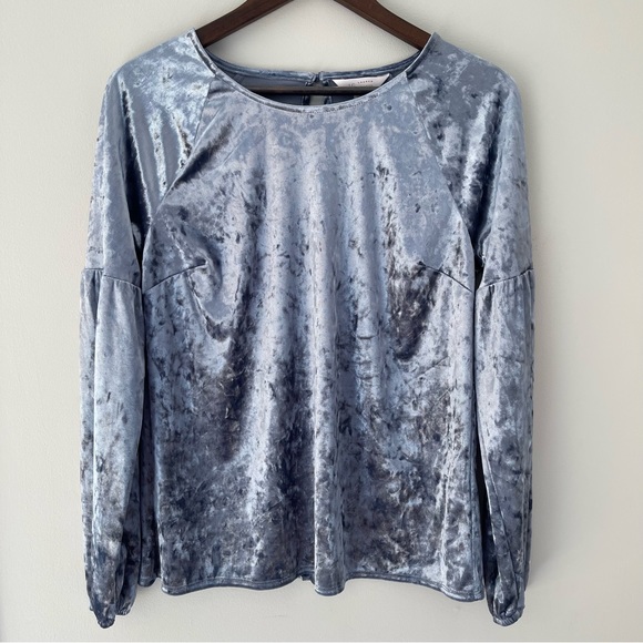 LC Lauren Conrad Blue Velvet Balloon Sleeve Long Sleeve Top - Picture 2 of 8